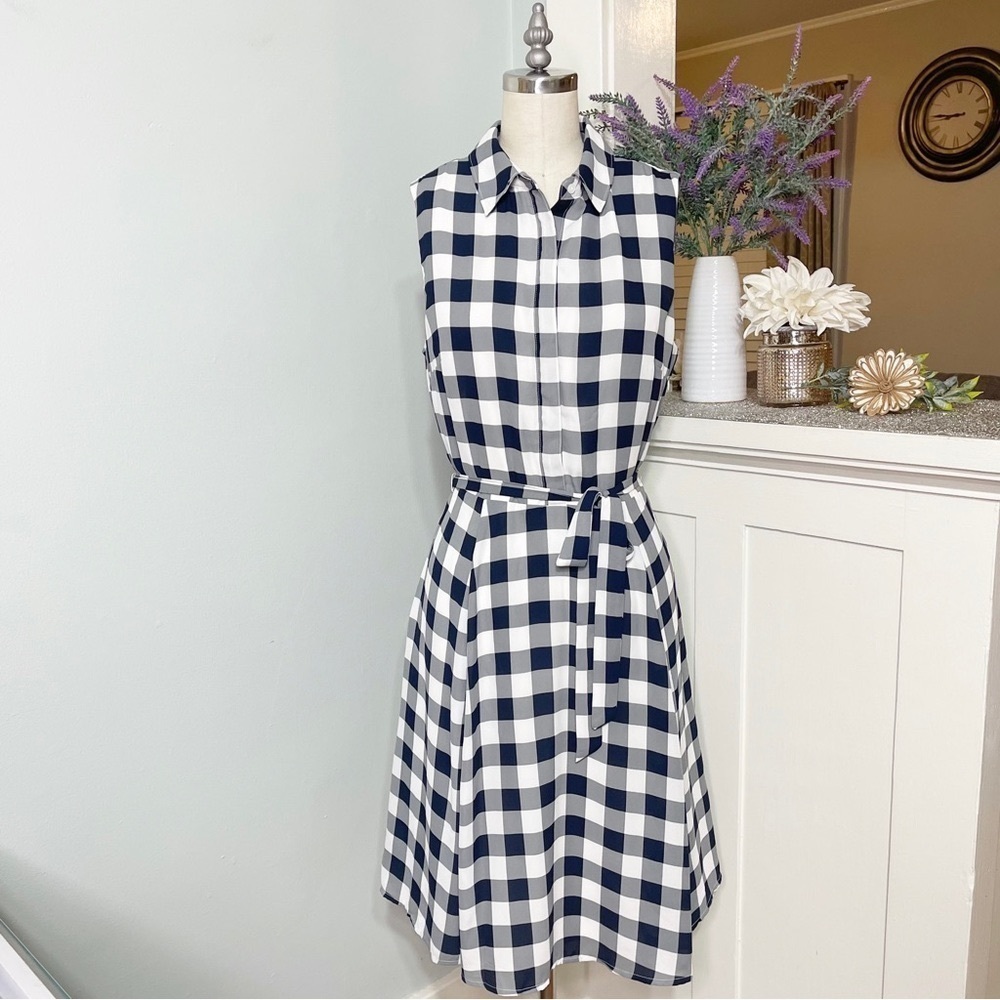 Banana Republic Gingham Plaid Shirtdress Navy Blue Gray White Dress 8 - Picture 3 of 12